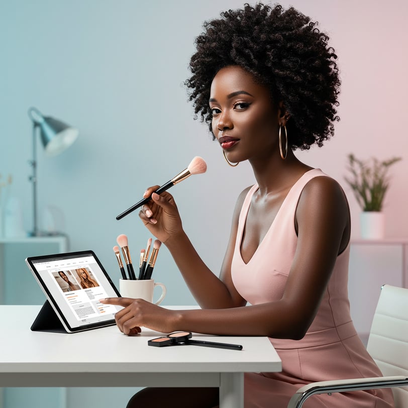 a woman with a makeup brush and tablet