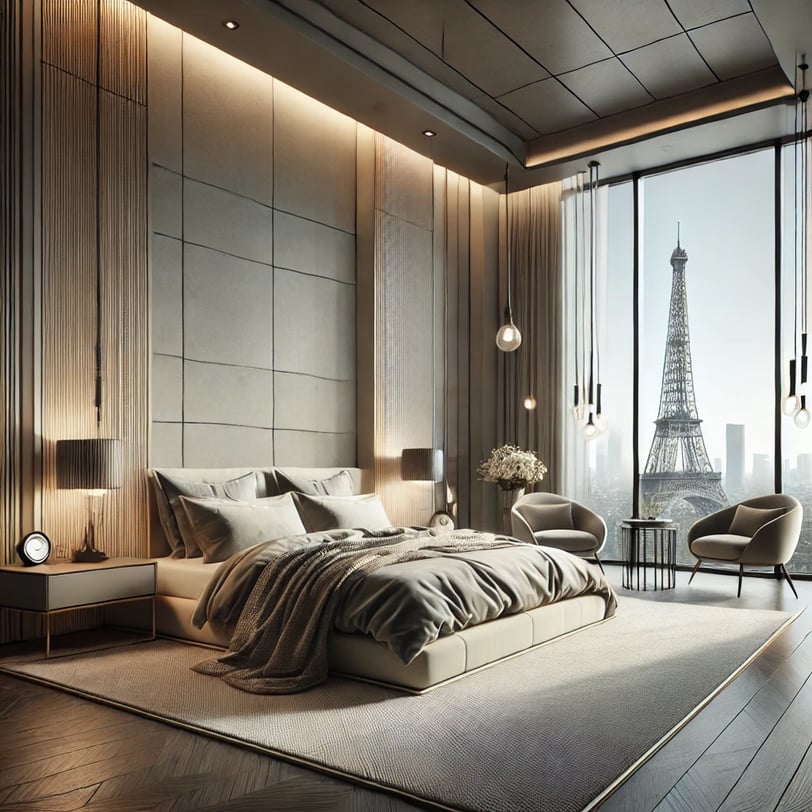 Elegant bedroom with a view of the Eiffel Tower during the day, featuring natural light and stylish