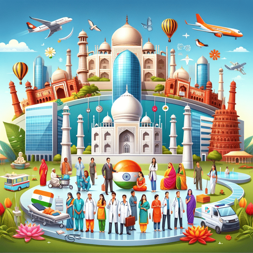 An illustration showcasing medical tourism in India, featuring a modern hospital in the background with the iconic Taj Mahal.