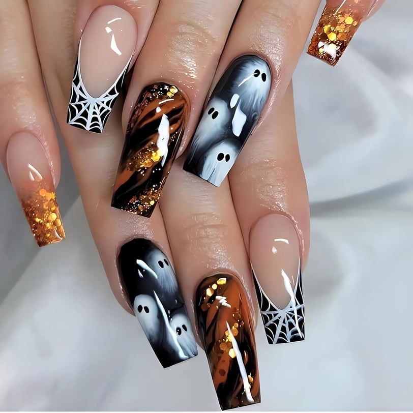 Halloween Nails Ghosts and Spider web press on nails