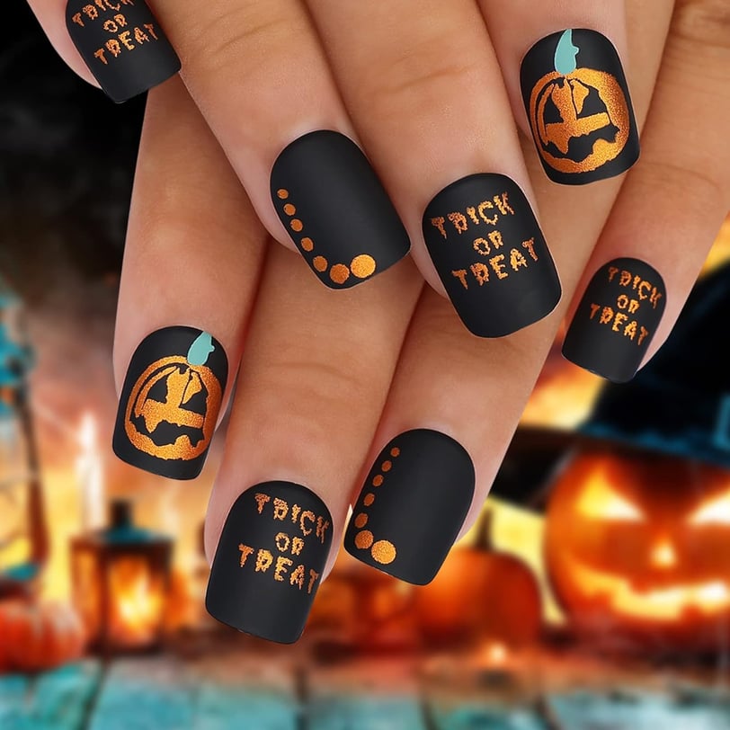 Halloween Nails Black pumpkin press on nails