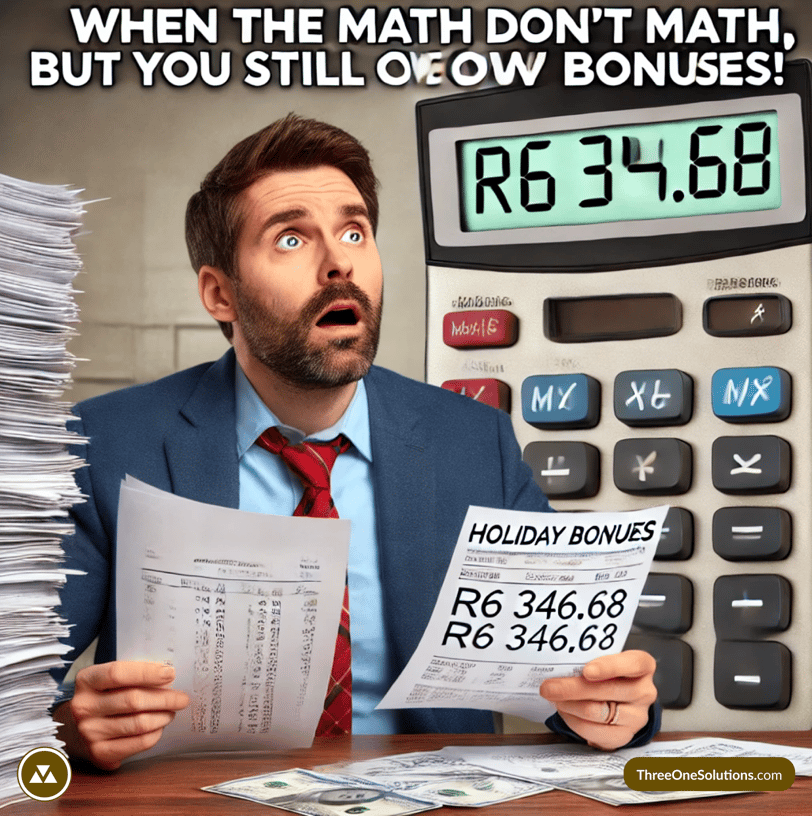 A humorous meme about calculating holiday bonuses for employees, highlighting common scenarios