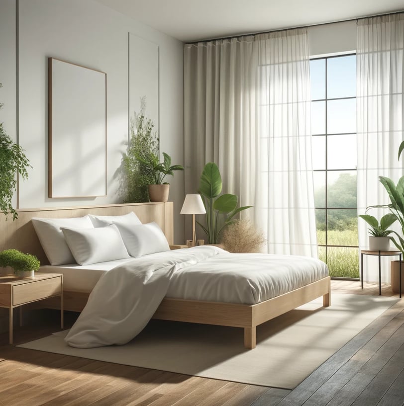 Quarto aconchegante com cama confortável e quadro de cena oceânica.