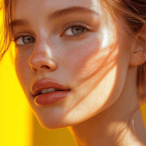 sunkissed woman with freckles yellow background