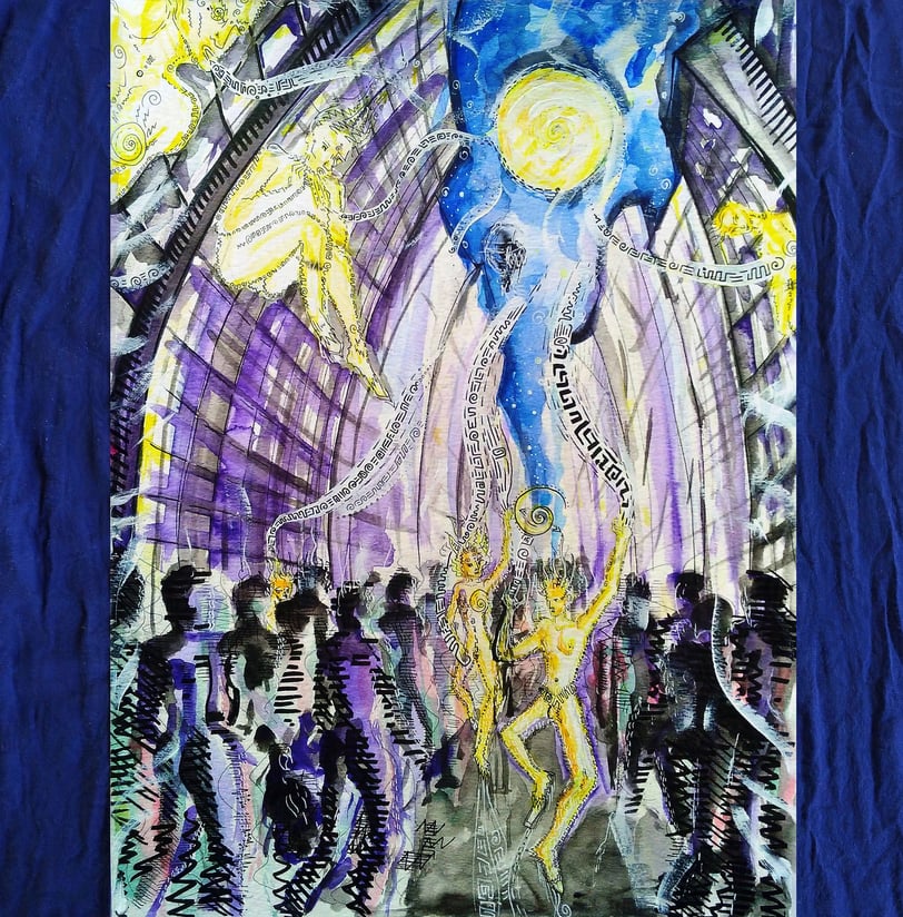 aquarelle aux tons violets et jaunes représentant l'arrivée d'êtres de lumière à contresens dans la 