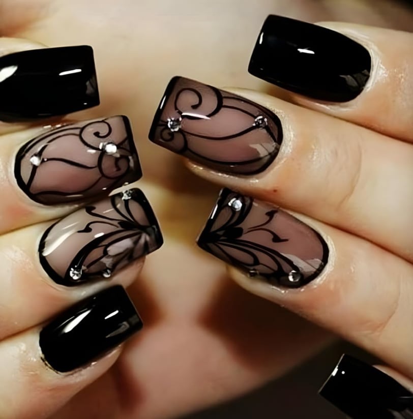 "Spook-tacular Halloween press-on nails featuring festive designs and vibrant colors, perfect for ad