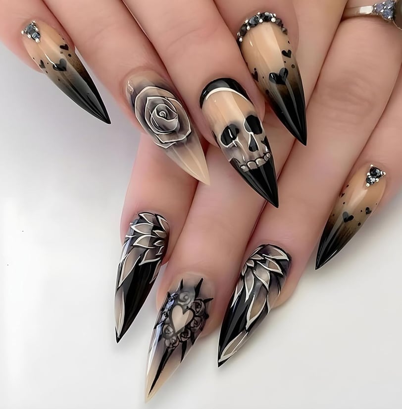 "Close-up of Halloween press-on nails showcasing vibrant colors and spooky designs, ideal for enhanc