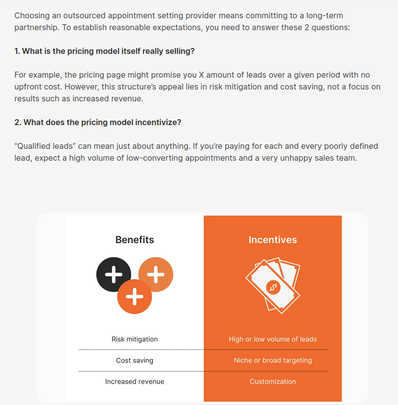 Screenshot of introduction with visual for the article, B2B Appointment Setting Costs & Pricing Mode