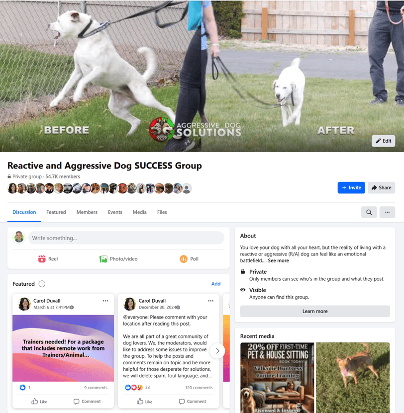 Aggressive and Reactive Dog Success Group on Facebook