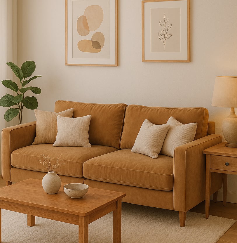 Cozy modern sofa with velvet fabric and layered pillows in a serene living room setting