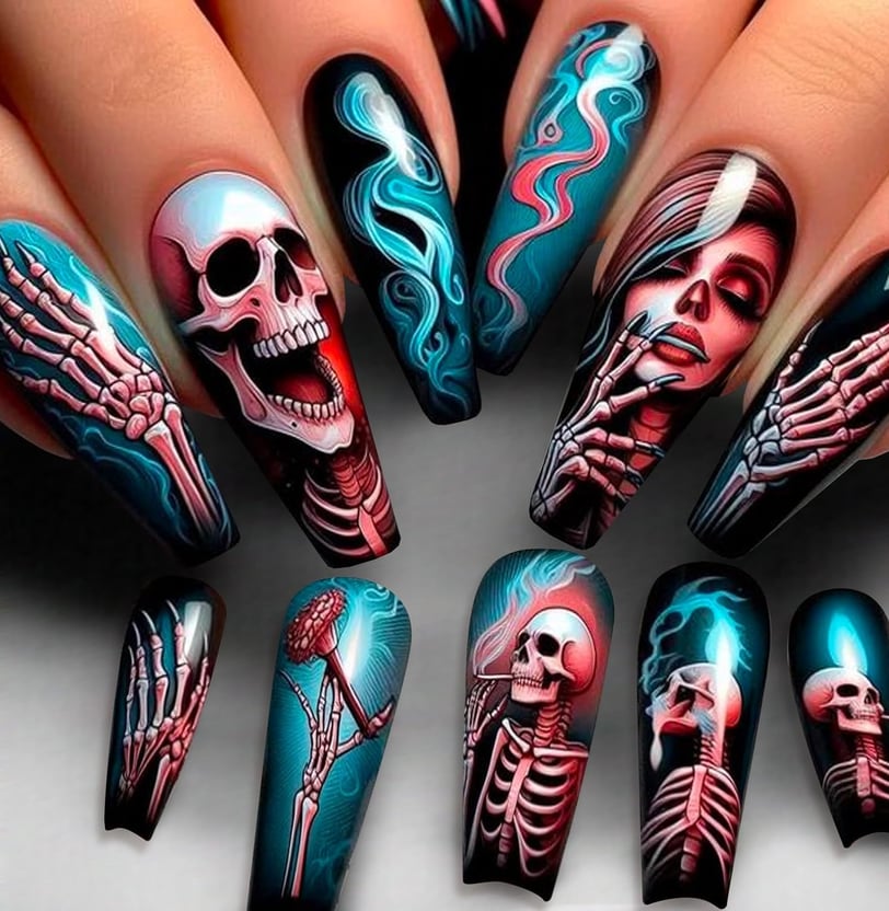 "Bold coffin-shaped press-on nails perfect for rocking your Halloween look."