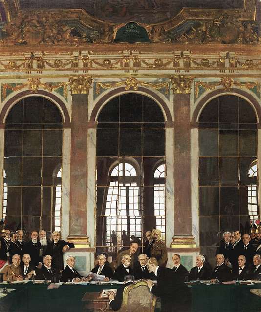 Historic painting of the Treaty of Versailles signing in the Hall of Mirrors at the Palace of Versai