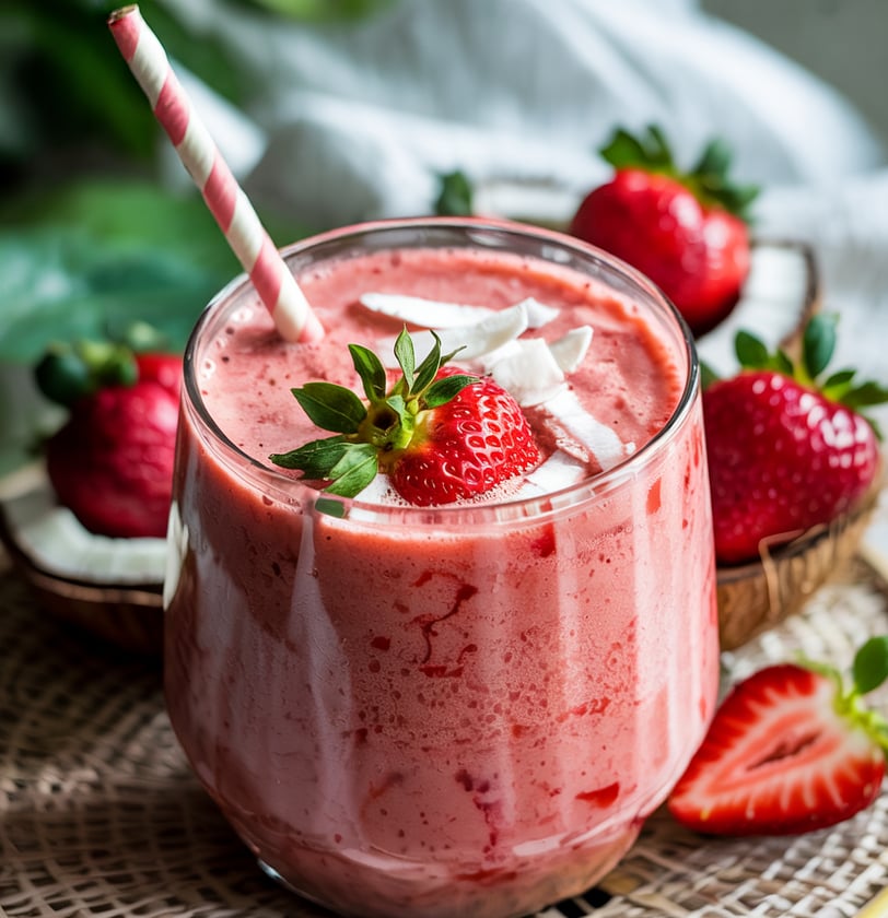 Creamy strawberry coconut smoothie in a glass topped with fresh strawberries and coconut flakes