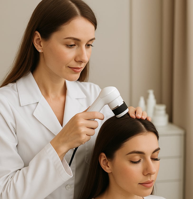 Tricologista jovem, vestindo jaleco branco, realiza exame do couro cabeludo de uma paciente usando um dermatoscópio digital. 