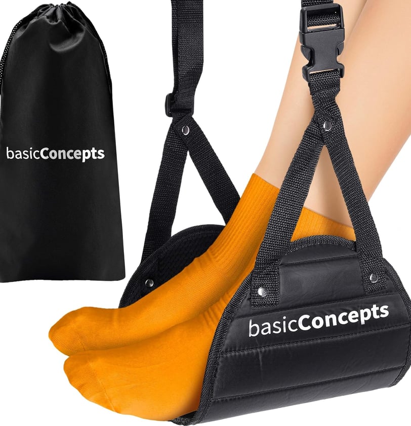 "Airplane Foot Hammock designed for long flights, providing comfort and support for tired feet while
