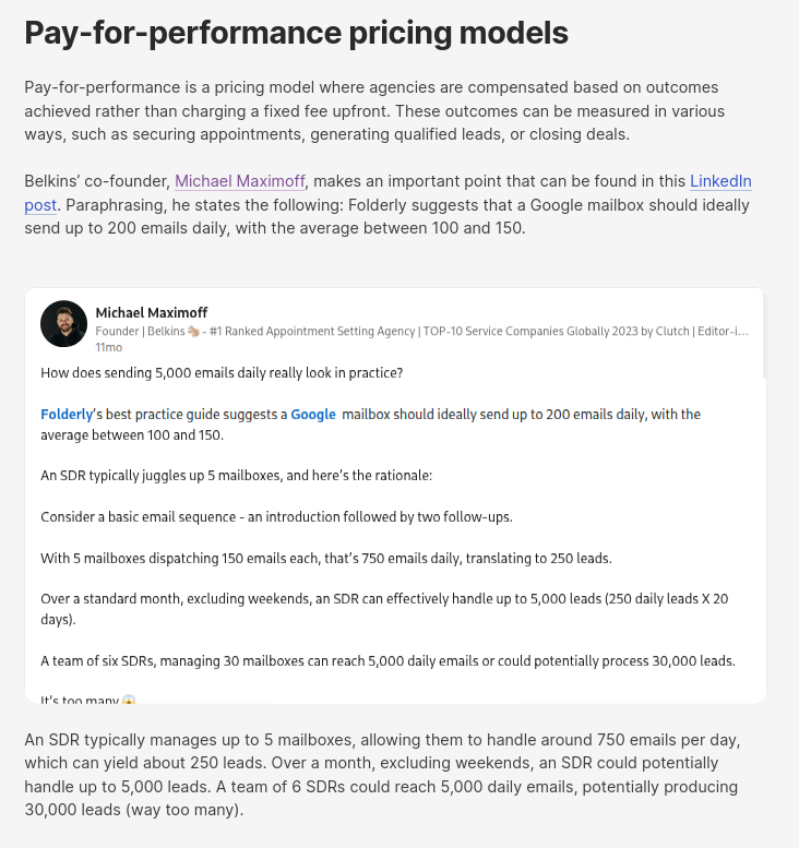 Screenshot of LinkedIn post in the article, B2B Appointment Setting Costs & Pricing Models Explained