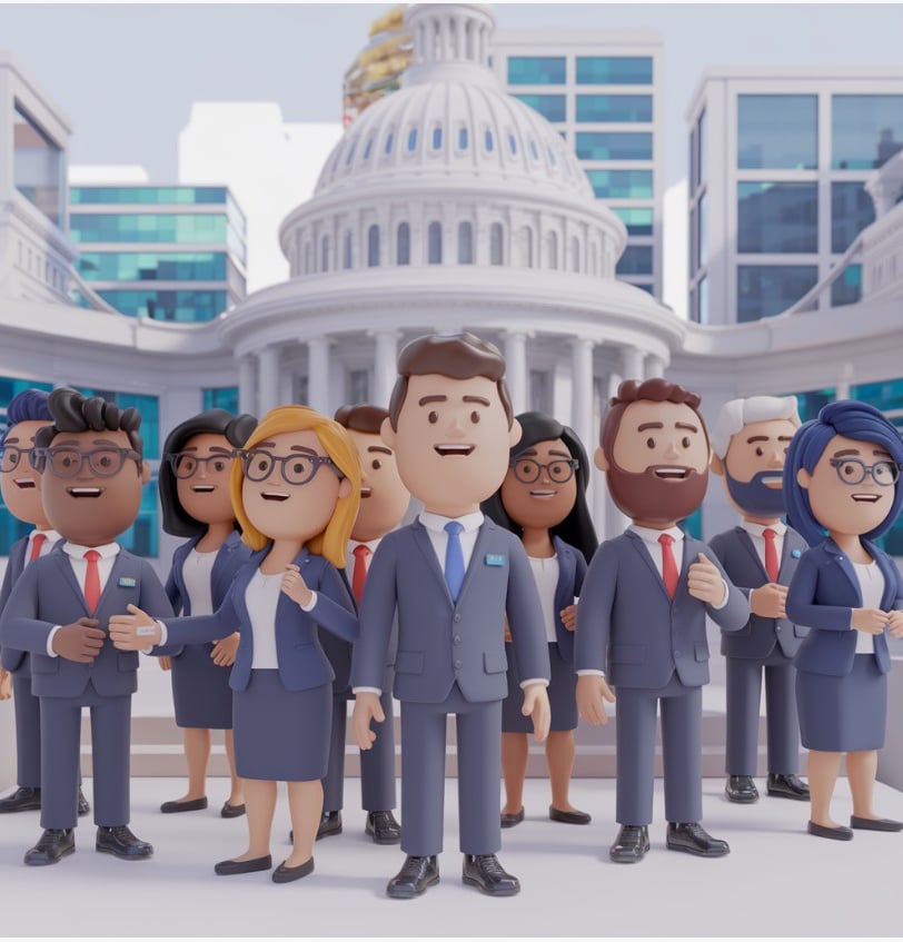 a group of people standing in front of a capitol building