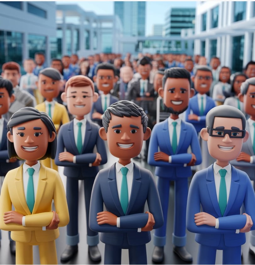 a group of business people standing in front of a crowd of people