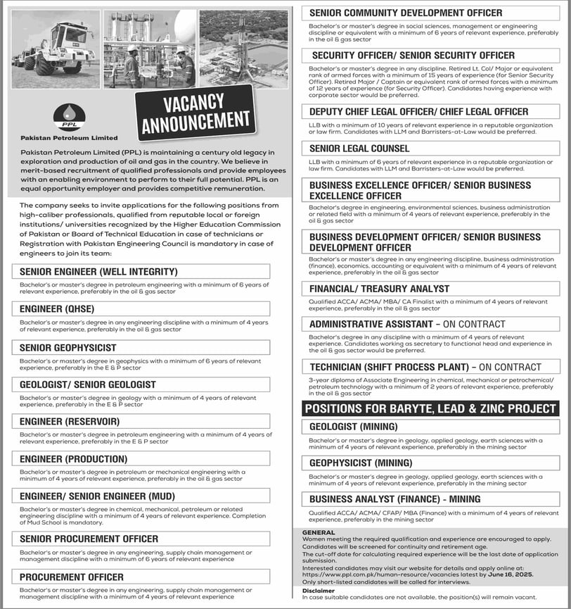 PPL jobs June 2025 advertisement featuring engineering, geology, and technician positions in Pakista