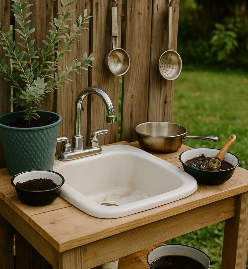 Repurposed sink used in a backyard mud kitchen setup with potted plants and play utensils.