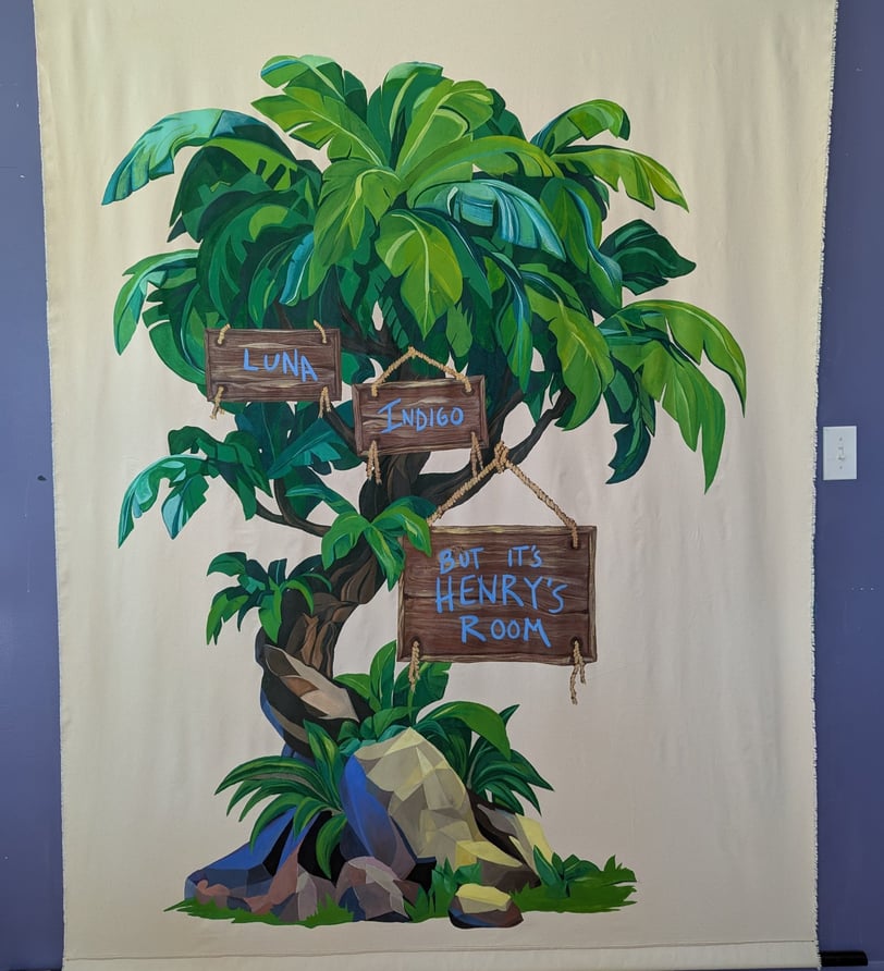 6-foot by 5-foot linen canvas tapestry mural of a lush jungle tree in greens and blues,, with signs and painted names.