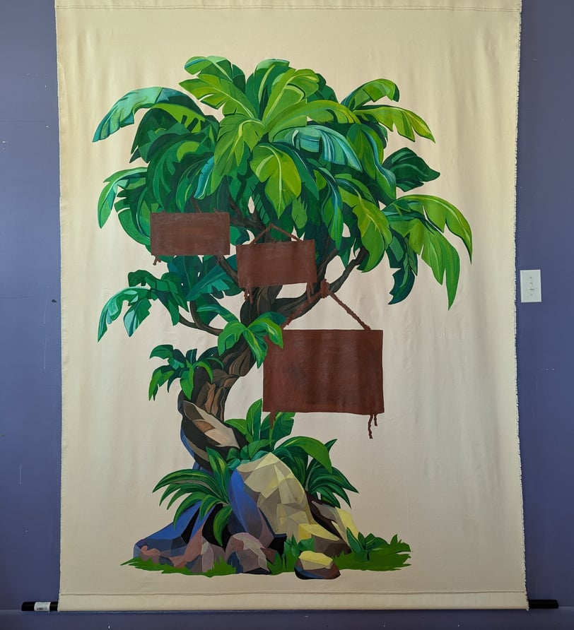 Large linen canvas tapestry mural of greens, browns, greys, blues and yellows.