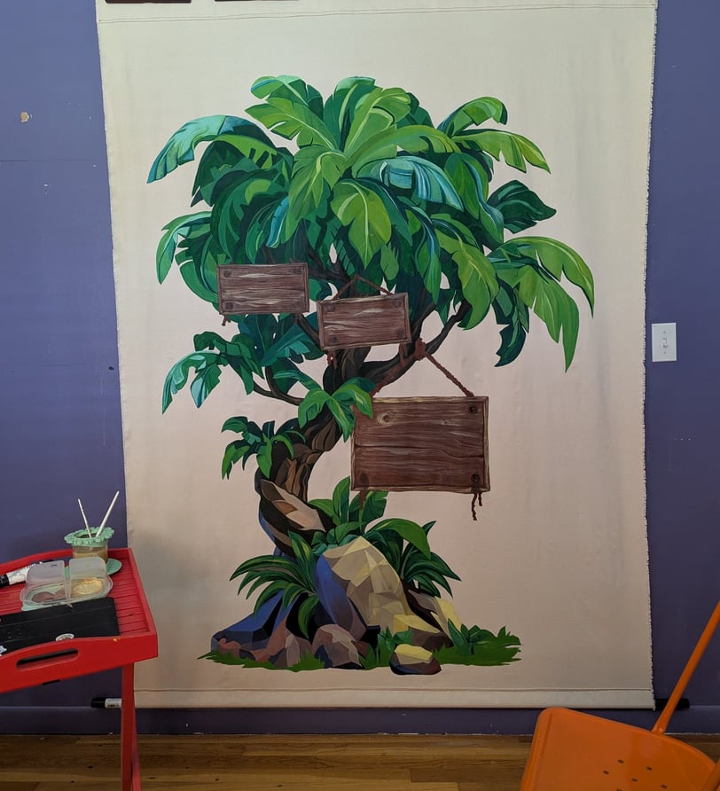 Henry's Room Tapestry Mural with building details and depth.