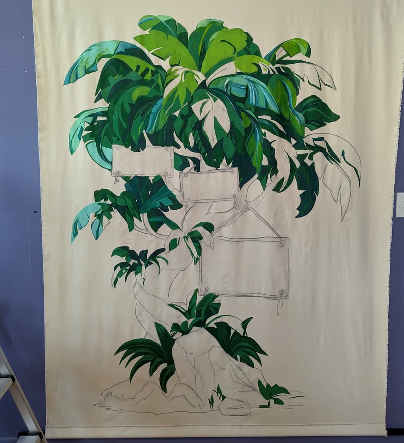 Jungle tree linen canvas tapestry mural building in colors of blues, greens, and yellows.