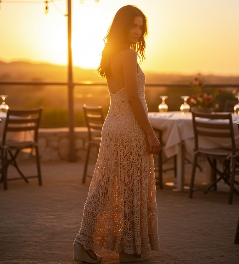 a woman in a dress standing in front of a sunset