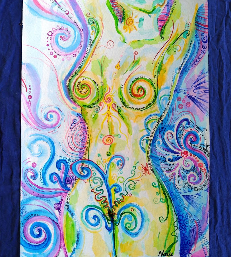 aquarelle représentant un corps à la limite du concret, vibrant et joyeux; Couleurs vers, bleus et violets.