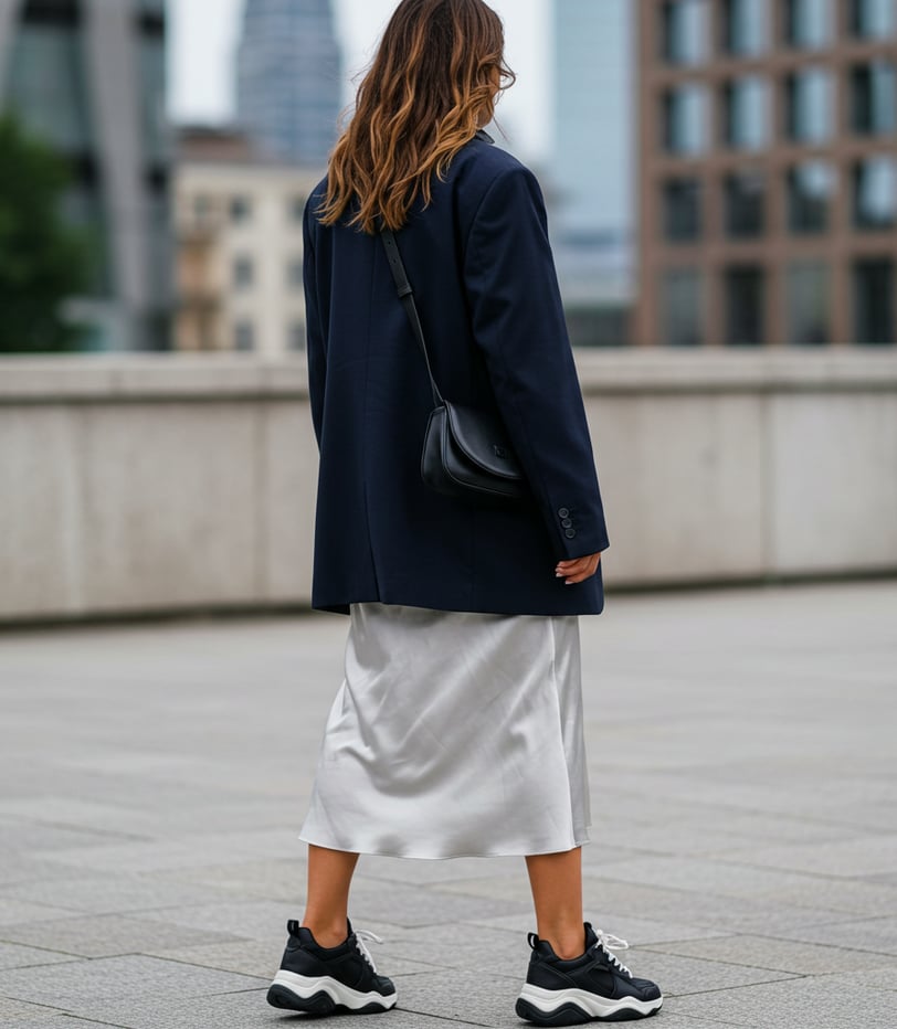 a woman in a skirted skirt and a black jacket