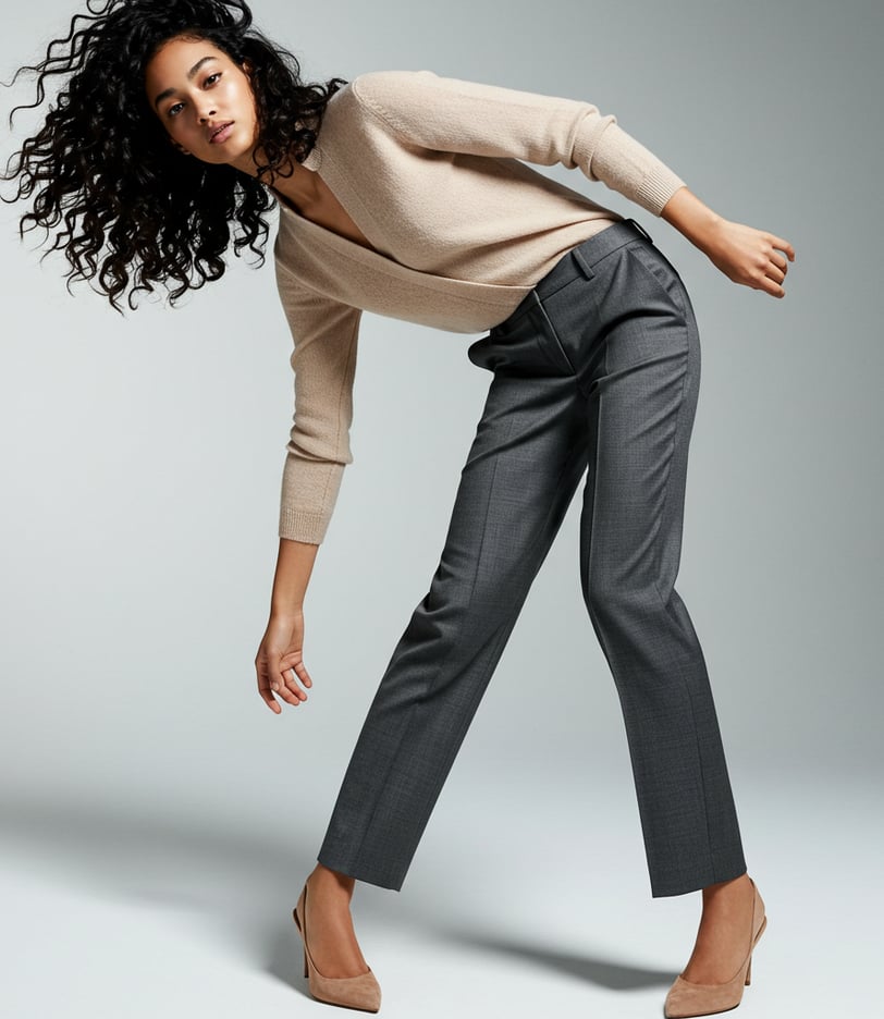 a woman in a beige sweater and black pants