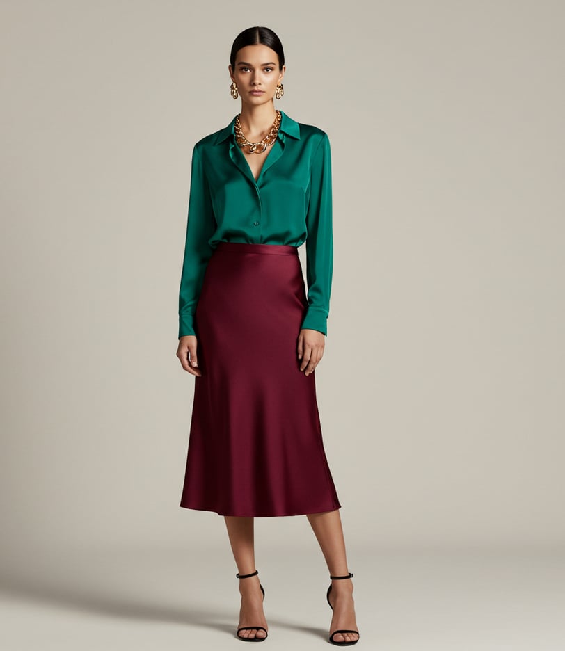 a woman in a green shirt and red skirt