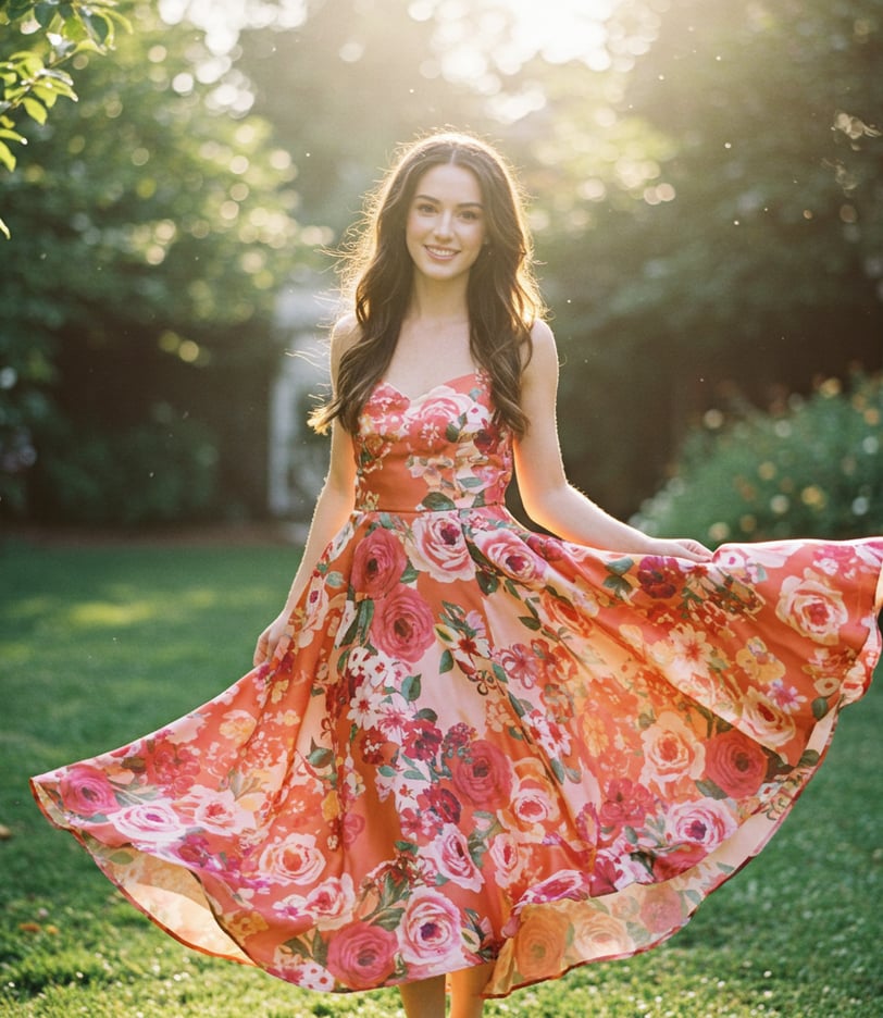 a woman in a floral dress standing in the grass