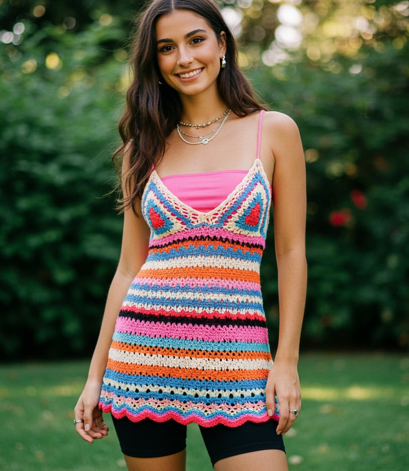 a woman in a colorful crochet dress