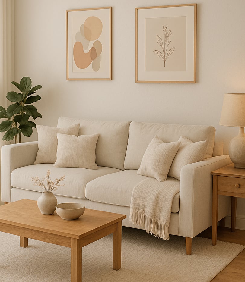 Modern living room with plush beige sofa, soft textures, and warm lighting creating a cozy and inviting vibe