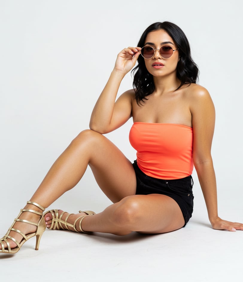 a woman in a strapless top and high heels