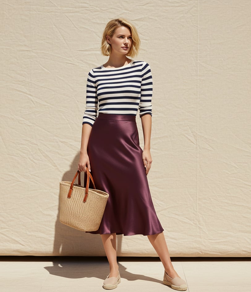 a woman in a striped top and skirt