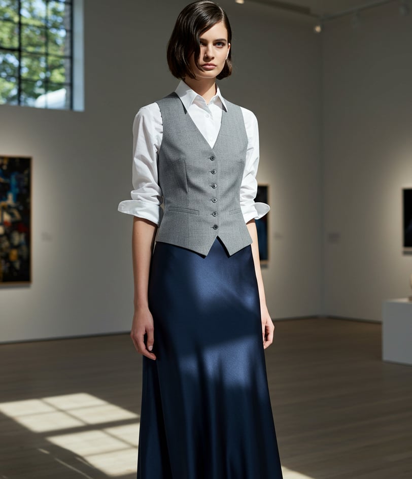 a woman in a long sleeved dress and vest with a waist length skirt