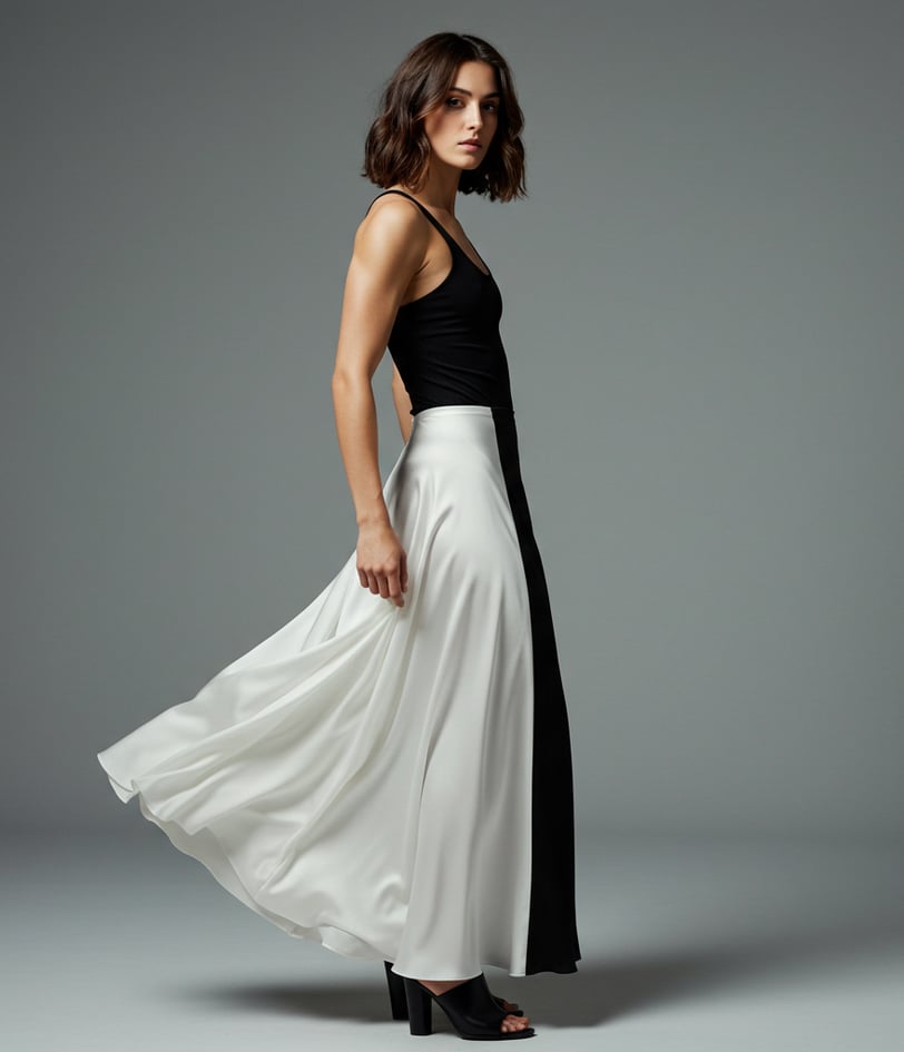 a woman in a black and white dress with a black and white dress