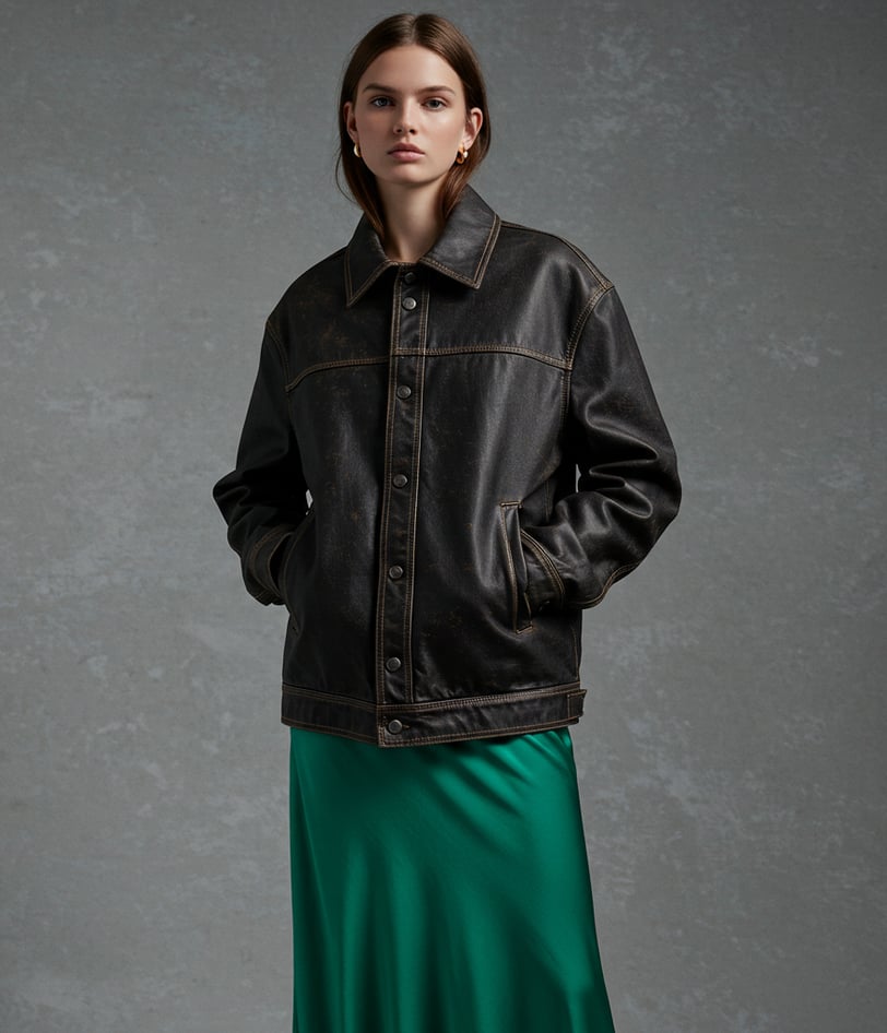 a woman in a green dress and a black jacket