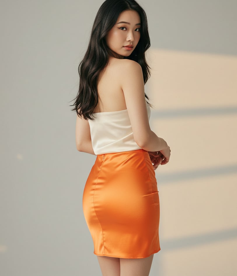 a woman in a white top and orange skirt