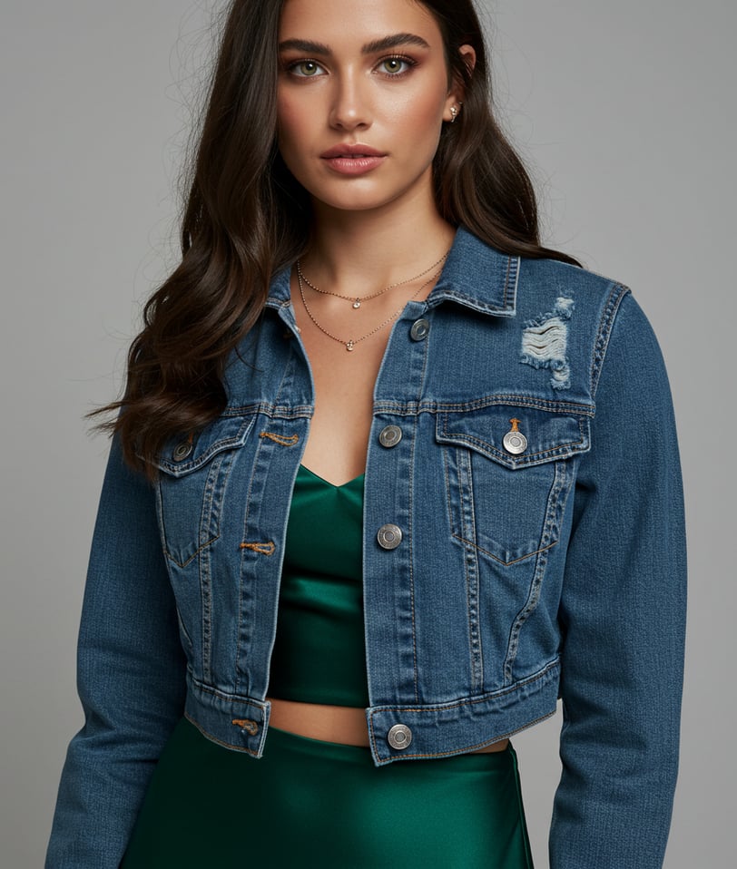 a woman in a green dress and a blue jacket