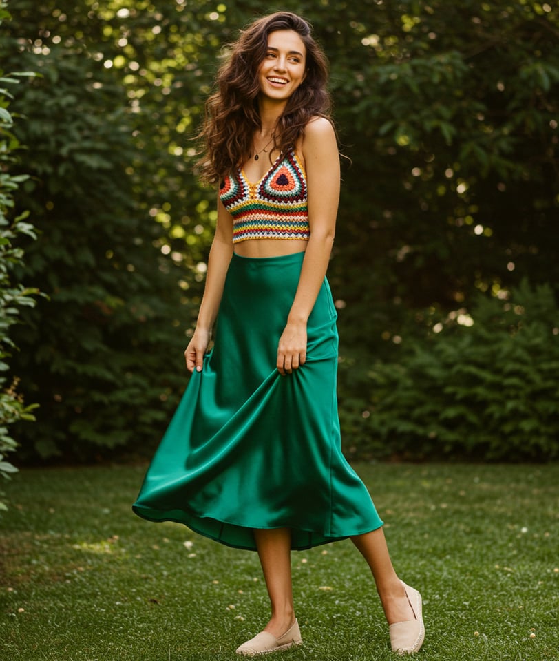 a woman in a crop top and skirt with a skirt