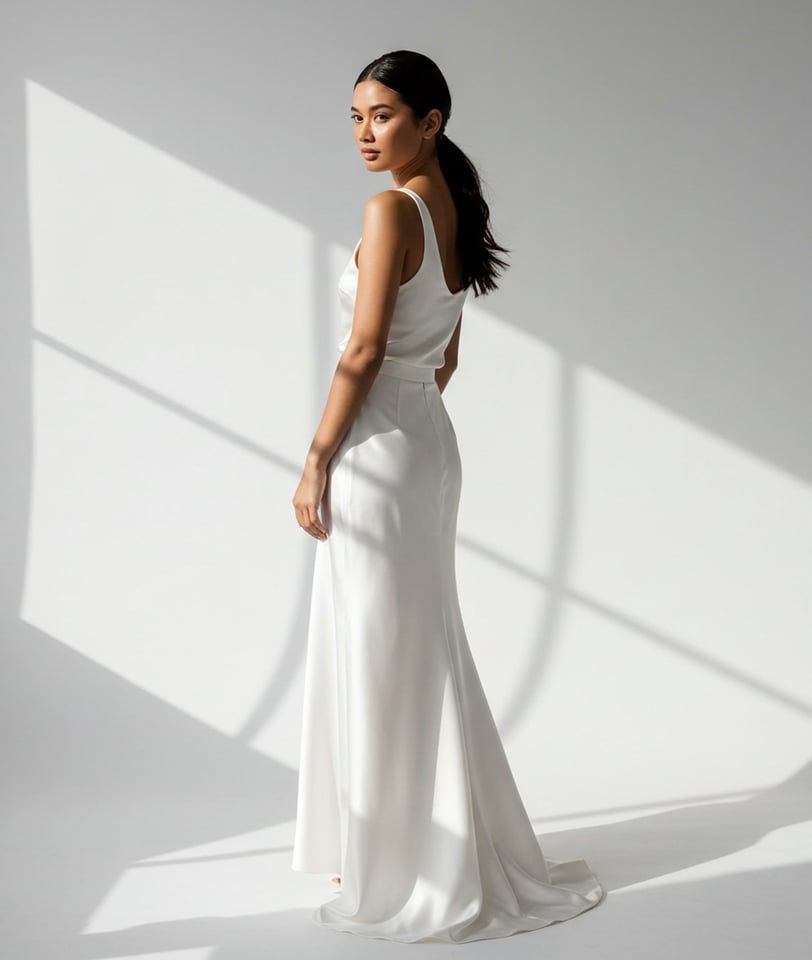 a woman in a white dress standing in front of a window