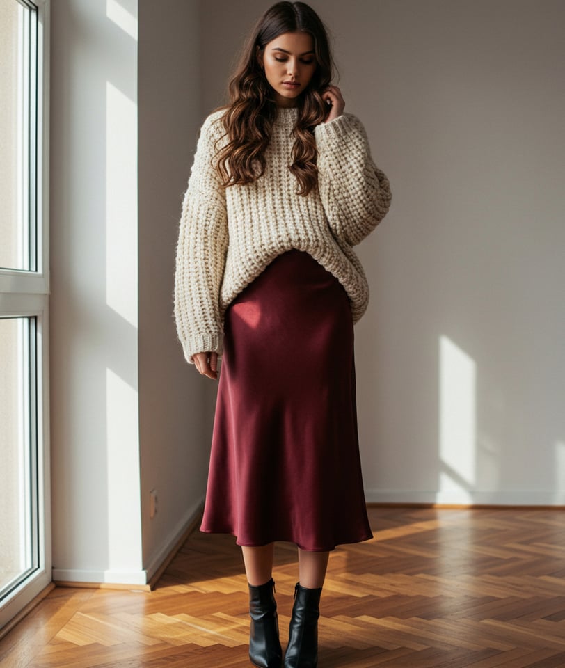 a woman in a sweater and boots standing in front of a window