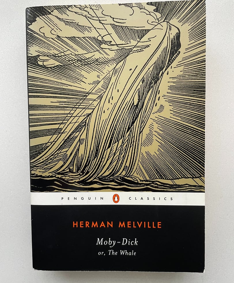 a book with a picture of a man in a boat, Moby dick