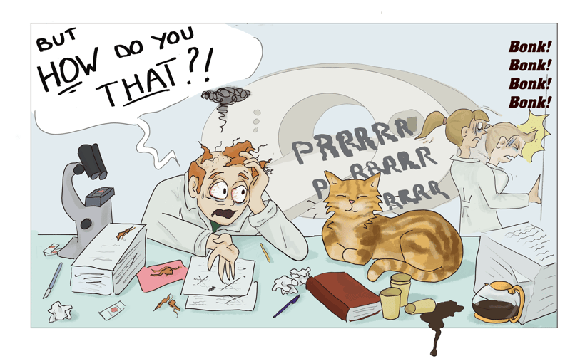 funny drawing of scientist failing to understand the purr