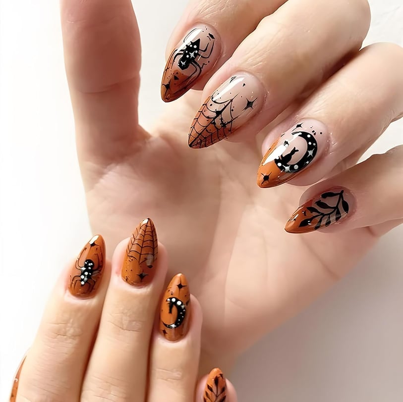 Halloween nails orange moon and stars press on nails 