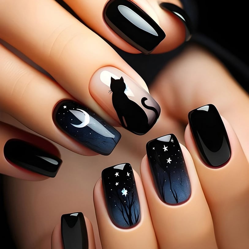 Halloween Nails Black cat moon and stars press on nails